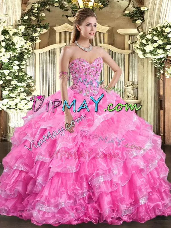 Customized Sweetheart Sleeveless Lace Up Quinceanera Dress Rose Pink Organza Embroidery and Ruffled Layers