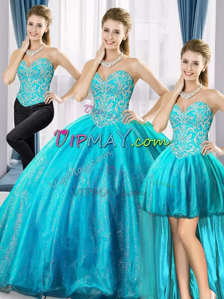 Classical Sweetheart Sleeveless Quinceanera Gowns Floor Length Beading Aqua Blue Organza