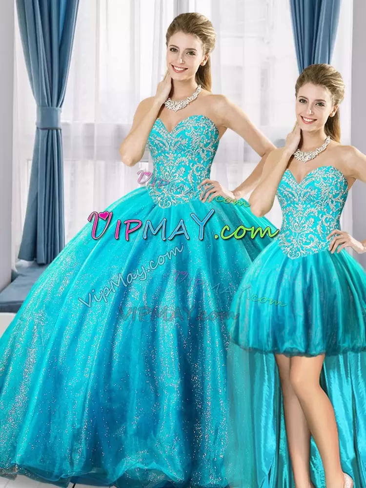 Classical Sweetheart Sleeveless Quinceanera Gowns Floor Length Beading Aqua Blue Organza