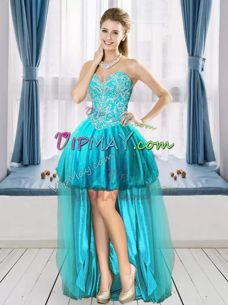 Classical Sweetheart Sleeveless Quinceanera Gowns Floor Length Beading Aqua Blue Organza