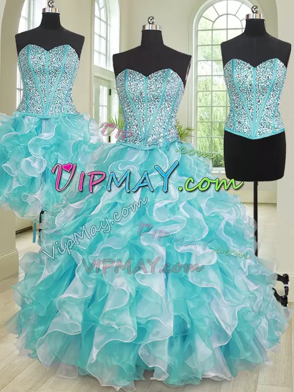 Flirting Blue And White Ball Gowns Organza Sweetheart Sleeveless Beading and Ruffles Lace Up Sweet 16 Dresses