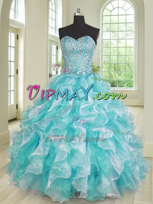 Flirting Blue And White Ball Gowns Organza Sweetheart Sleeveless Beading and Ruffles Lace Up Sweet 16 Dresses