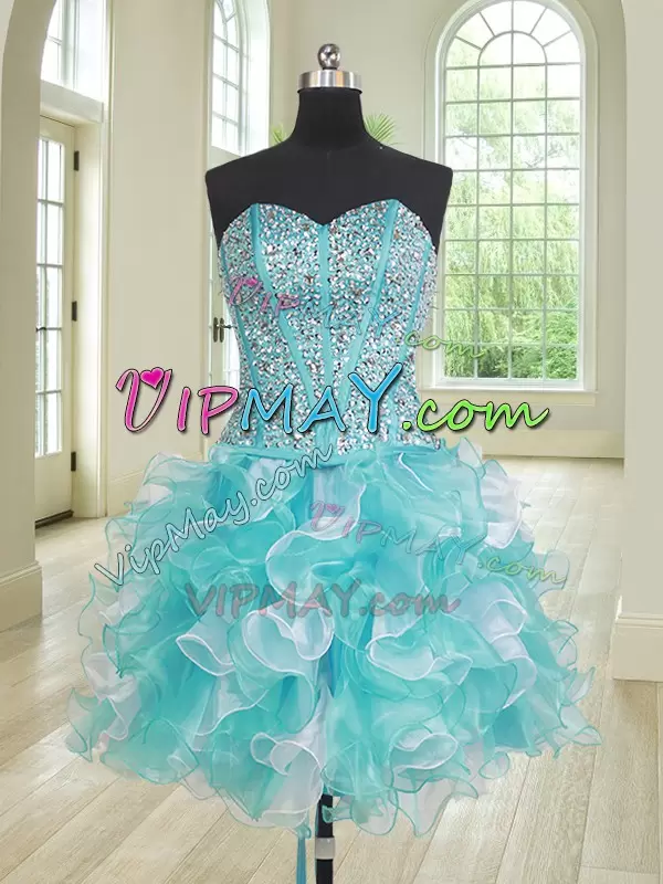 Flirting Blue And White Ball Gowns Organza Sweetheart Sleeveless Beading and Ruffles Lace Up Sweet 16 Dresses