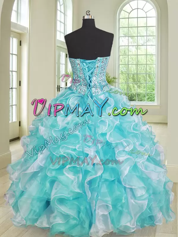 Flirting Blue And White Ball Gowns Organza Sweetheart Sleeveless Beading and Ruffles Lace Up Sweet 16 Dresses