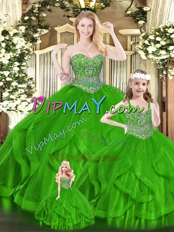 Custom Made Beading and Ruffles Quinceanera Gowns Green Zipper Sleeveless Floor Length