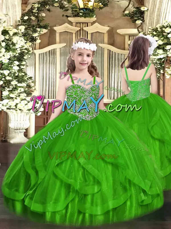 Custom Made Beading and Ruffles Quinceanera Gowns Green Zipper Sleeveless Floor Length