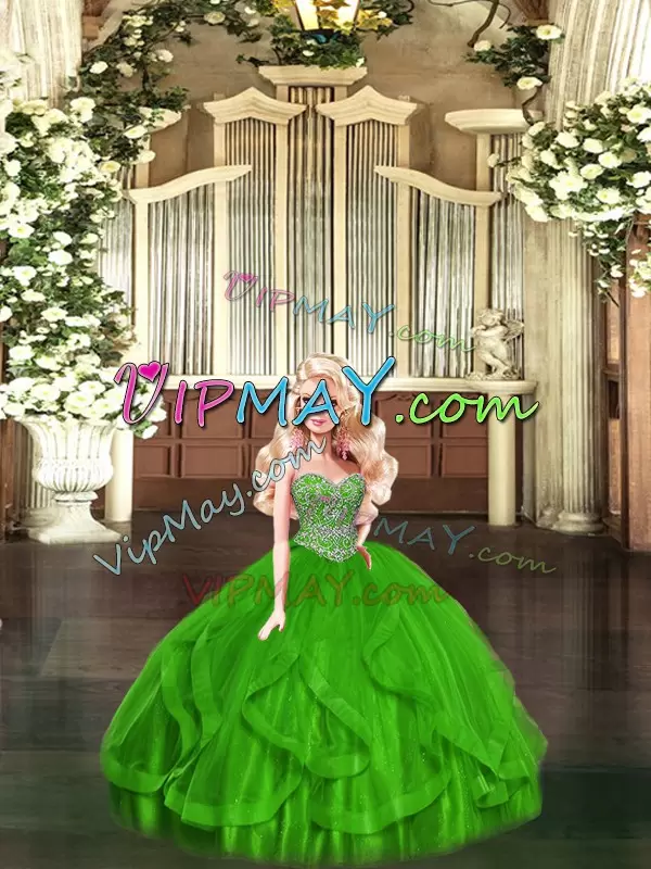 Custom Made Beading and Ruffles Quinceanera Gowns Green Zipper Sleeveless Floor Length