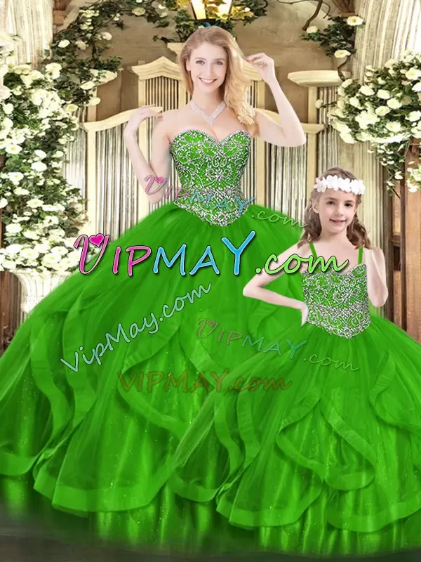 Custom Made Beading and Ruffles Quinceanera Gowns Green Zipper Sleeveless Floor Length