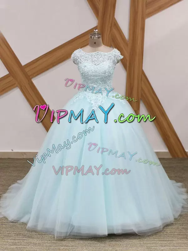 High Class Light Blue Ball Gowns Scoop Short Sleeves Tulle Brush Train Zipper Beading and Lace 15th Birthday Dress