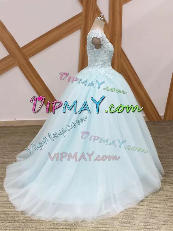 High Class Light Blue Ball Gowns Scoop Short Sleeves Tulle Brush Train Zipper Beading and Lace 15th Birthday Dress