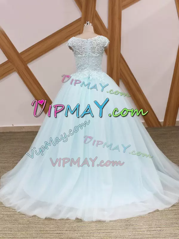 High Class Light Blue Ball Gowns Scoop Short Sleeves Tulle Brush Train Zipper Beading and Lace 15th Birthday Dress