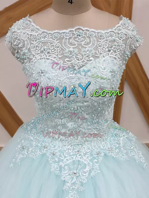 High Class Light Blue Ball Gowns Scoop Short Sleeves Tulle Brush Train Zipper Beading and Lace 15th Birthday Dress