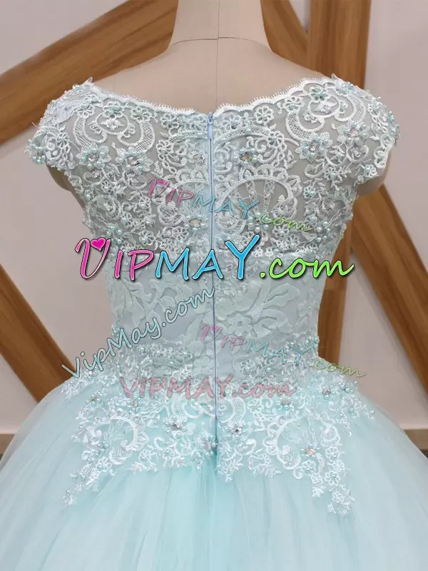 High Class Light Blue Ball Gowns Scoop Short Sleeves Tulle Brush Train Zipper Beading and Lace 15th Birthday Dress