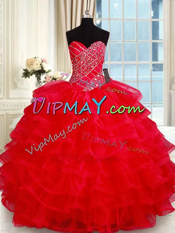 Elegant Red Color Sweetheart Beaded Bodice Quinceanera Dress with Ruffled Layers