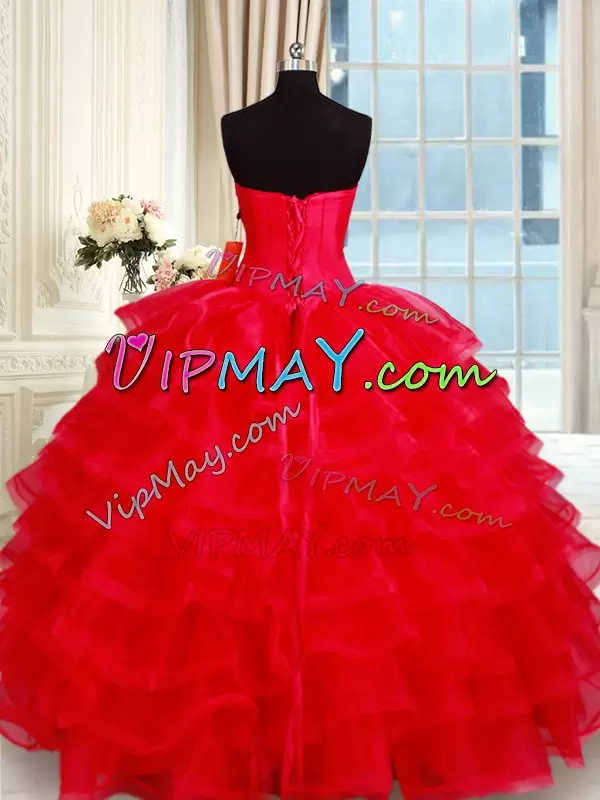 Elegant Red Color Sweetheart Beaded Bodice Quinceanera Dress with Ruffled Layers