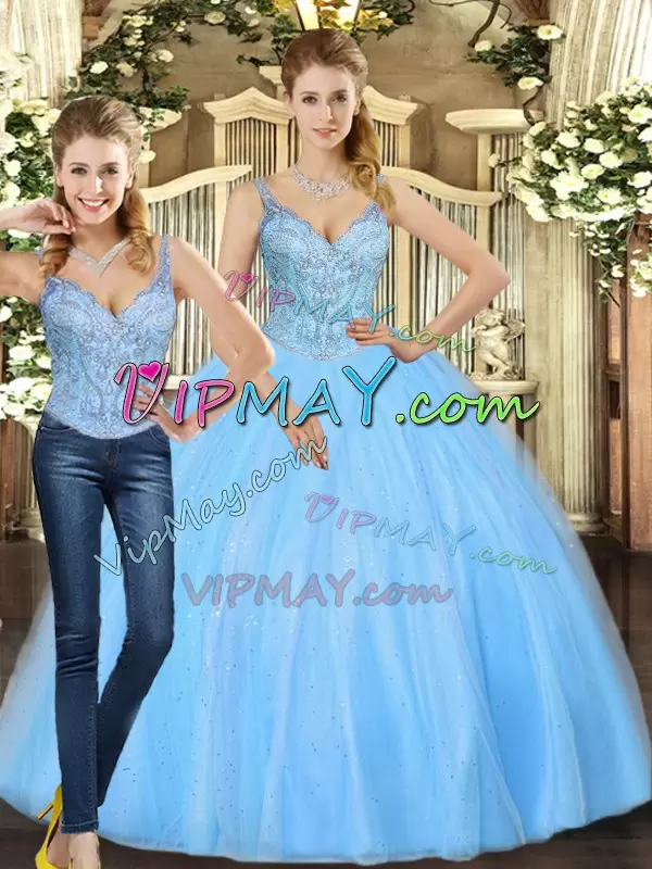 Baby Blue Lace Up Straps Beading Ball Gown Prom Dress Tulle Sleeveless