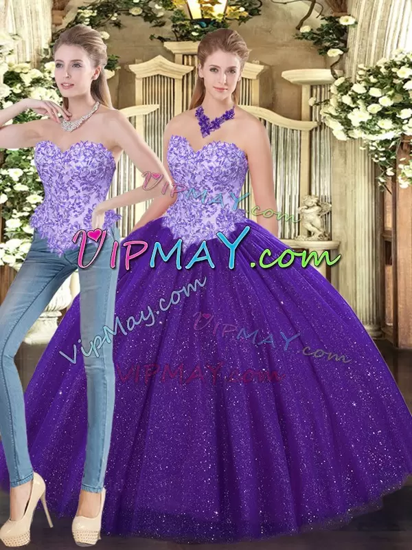 Purple Ball Gowns Sweetheart Sleeveless Tulle Floor Length Lace Up Beading Sweet 16 Dresses