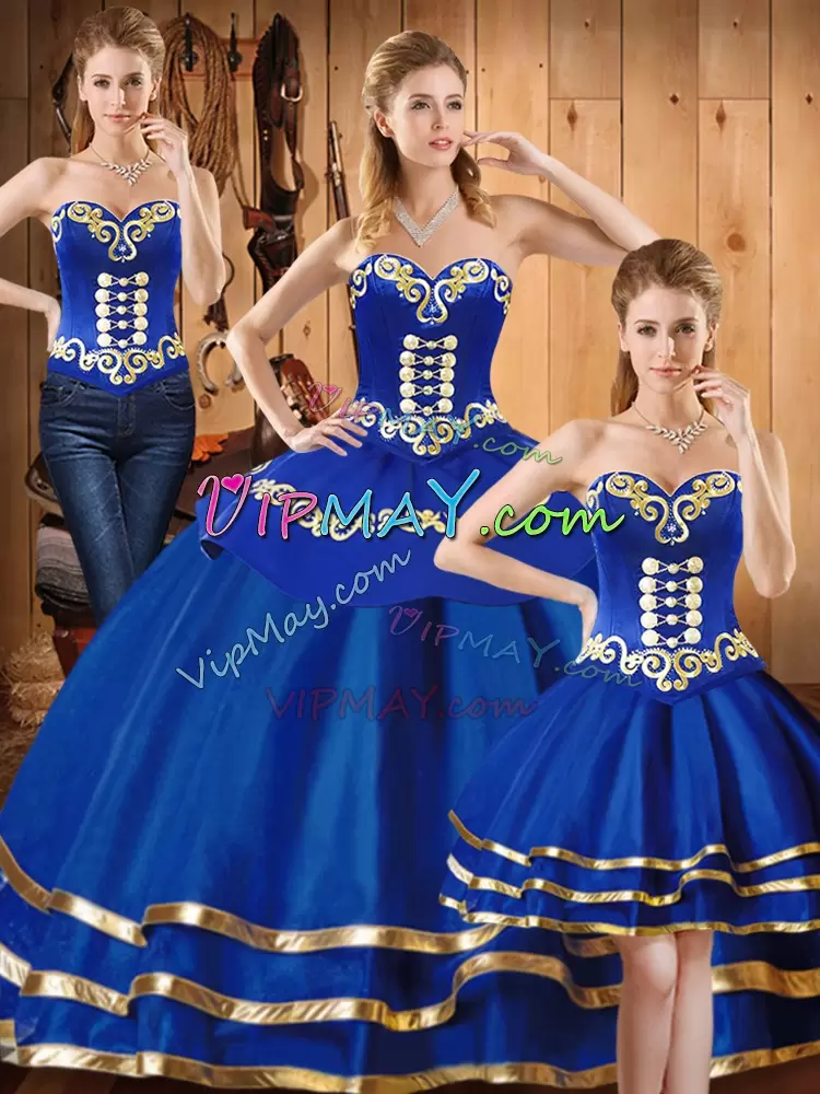 Designer Blue Satin and Tulle Lace Up 15 Quinceanera Dress Sleeveless Floor Length Embroidery