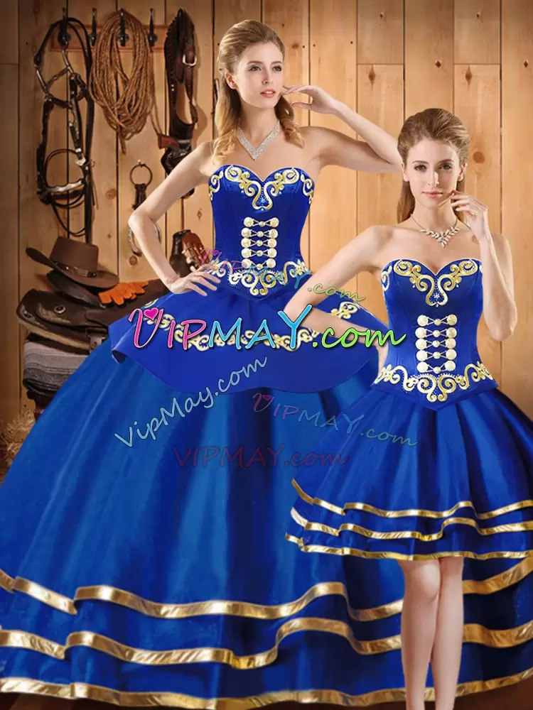 Designer Blue Satin and Tulle Lace Up 15 Quinceanera Dress Sleeveless Floor Length Embroidery