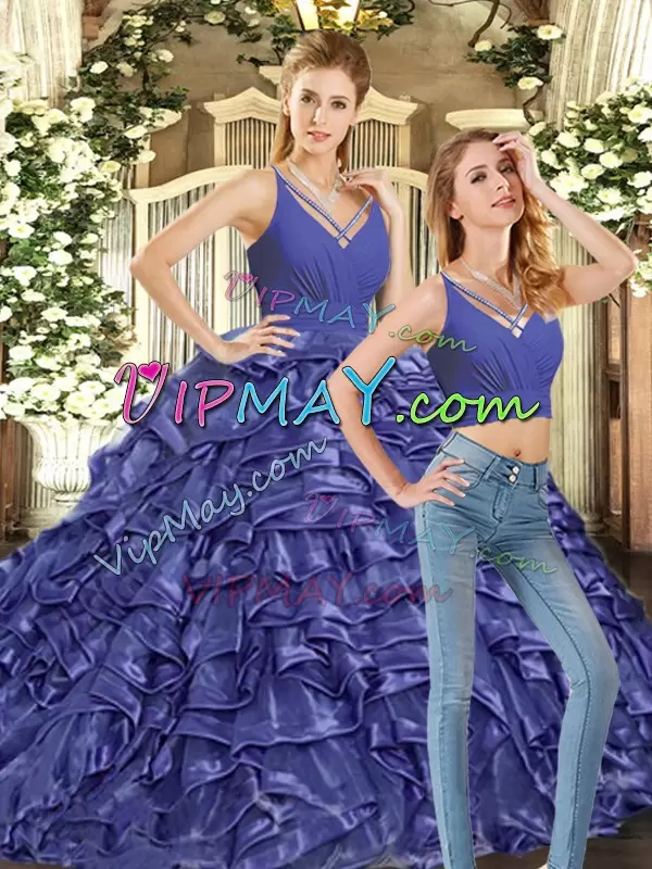 Lavender Two Pieces Ruffles Sweet 16 Quinceanera Dress Backless Organza Sleeveless