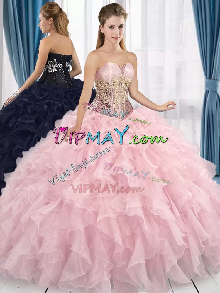 Ball Gowns Vestidos de Quinceanera Pink Sweetheart Organza Sleeveless Floor Length Lace Up