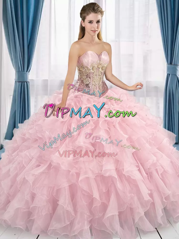 Ball Gowns Vestidos de Quinceanera Pink Sweetheart Organza Sleeveless Floor Length Lace Up