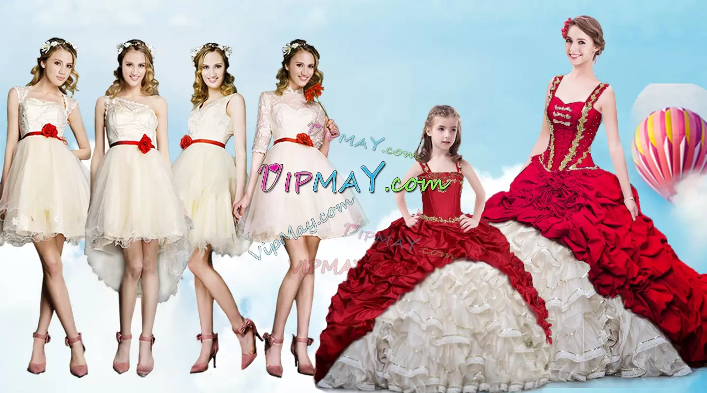 White And Red Organza and Taffeta Lace Up Quince Ball Gowns Sleeveless With Brush Train Beading and Ruffles and Pick Ups