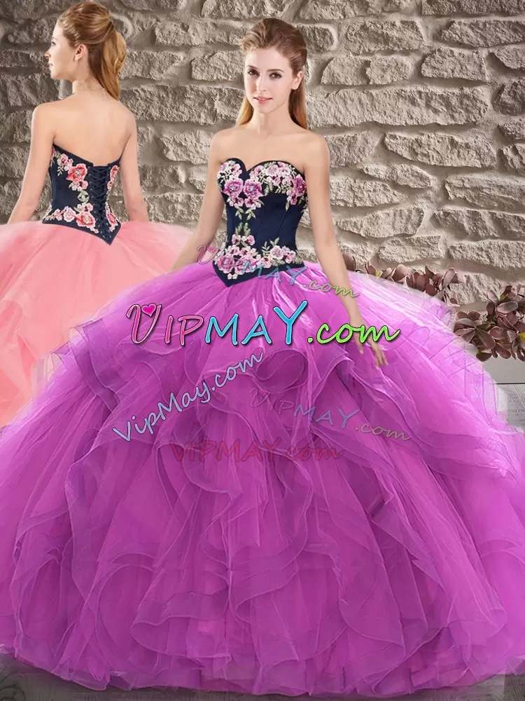 Purple Lace Up Sweet 16 Dresses Sleeveless Sweep Train Embroidery and Ruffles