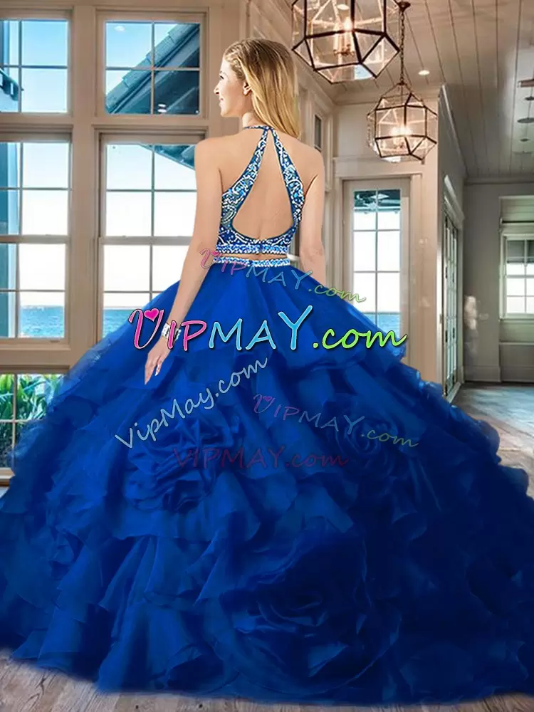 Royal Blue Scoop Backless Beading and Ruffles Quinceanera Dresses Sleeveless