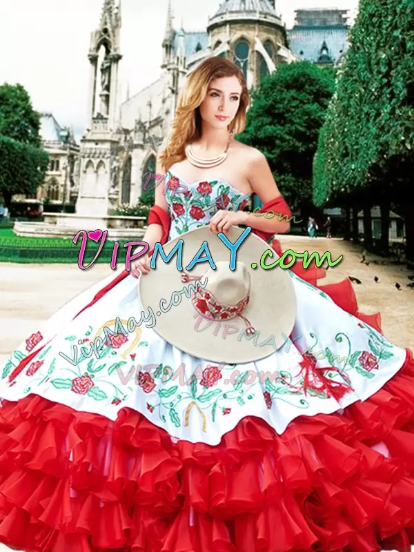 White And Red Sweetheart Lace Up Embroidery and Ruffles Vestidos de Quinceanera Sleeveless