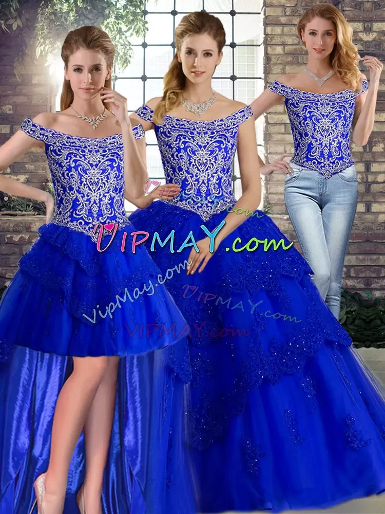 Sleeveless Tulle Brush Train Lace Up 15th Birthday Dress in Royal Blue with Beading and Lace