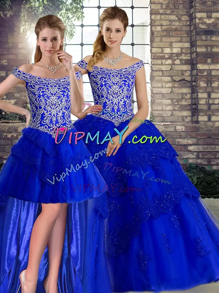 Sleeveless Tulle Brush Train Lace Up 15th Birthday Dress in Royal Blue with Beading and Lace