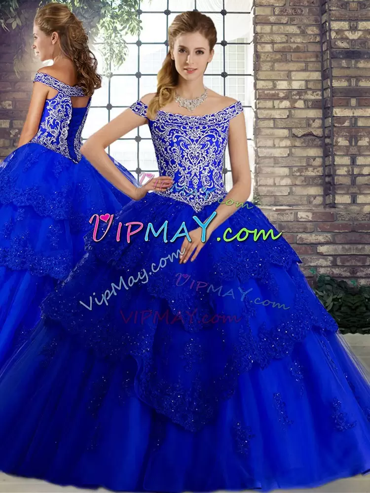 Sleeveless Tulle Brush Train Lace Up 15th Birthday Dress in Royal Blue with Beading and Lace