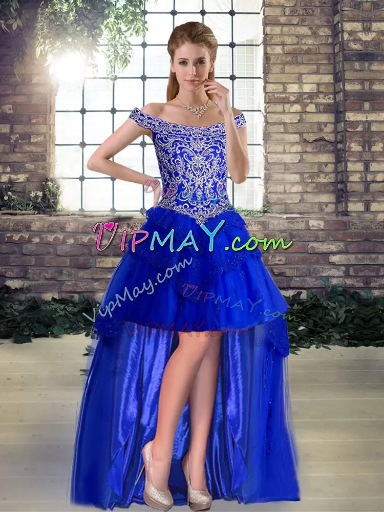 Sleeveless Tulle Brush Train Lace Up 15th Birthday Dress in Royal Blue with Beading and Lace