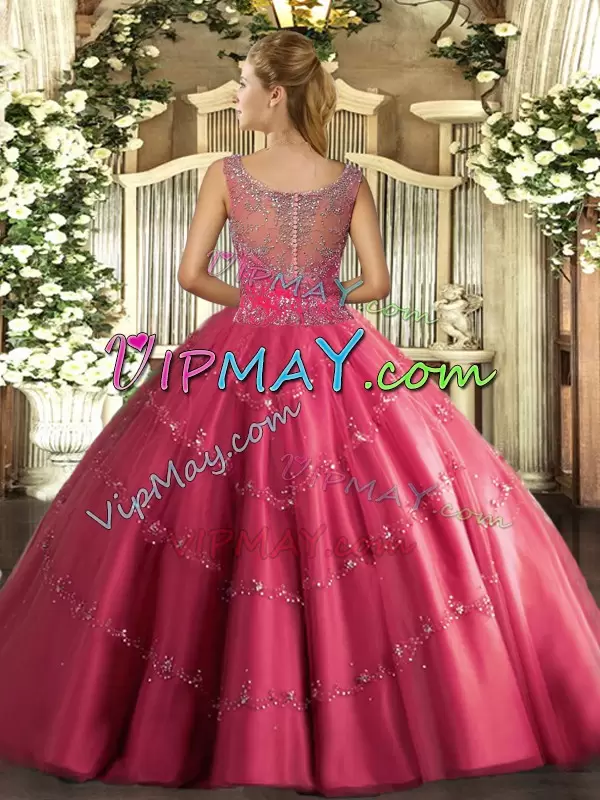 Customized Sleeveless Scoop Clasp Handle Floor Length Beading and Appliques Quince Ball Gowns Scoop