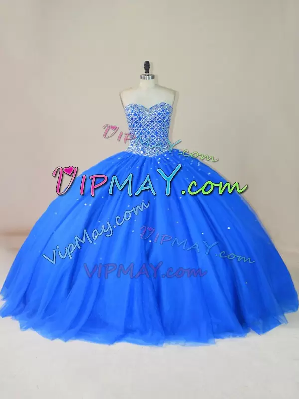 Fitting Sweetheart Sleeveless 15 Quinceanera Dress Floor Length Beading Blue Tulle