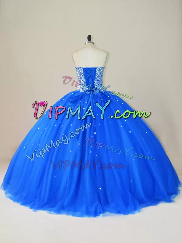 Fitting Sweetheart Sleeveless 15 Quinceanera Dress Floor Length Beading Blue Tulle