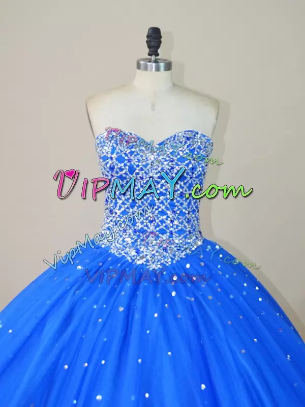 Fitting Sweetheart Sleeveless 15 Quinceanera Dress Floor Length Beading Blue Tulle