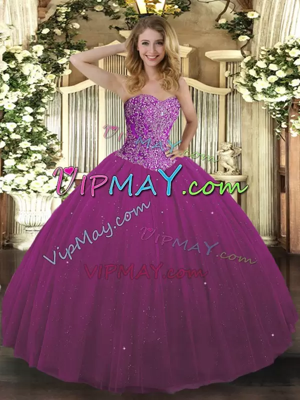 Fuchsia Sleeveless Tulle Lace Up 15 Quinceanera Dress for Military Ball and Sweet 16 and Quinceanera