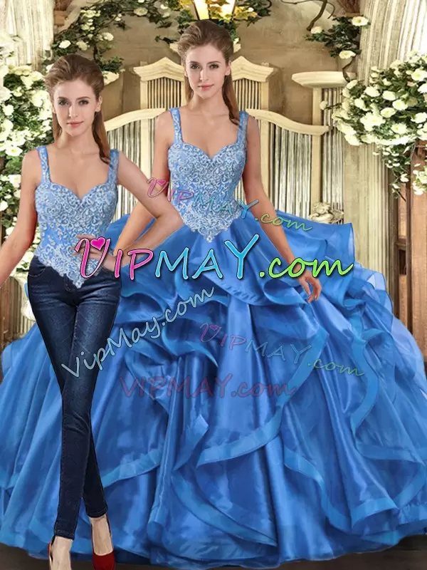 Clearance Tulle Straps Sleeveless Lace Up Beading and Ruffles Vestidos de Quinceanera in Blue