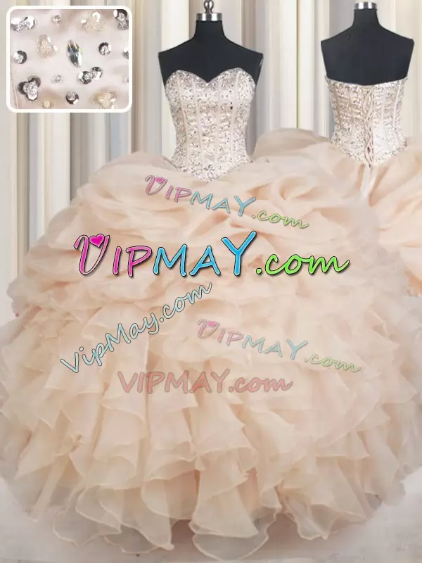 Glittering Champagne Vestidos de Quinceanera Military Ball and Sweet 16 and Quinceanera with Beading and Ruffles and Pick Ups Sweetheart Sleeveless Lace Up