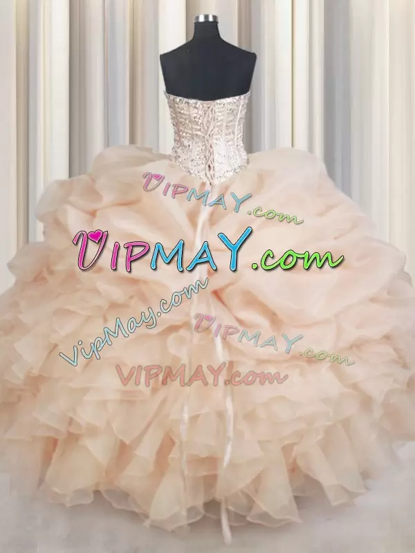 Glittering Champagne Vestidos de Quinceanera Military Ball and Sweet 16 and Quinceanera with Beading and Ruffles and Pick Ups Sweetheart Sleeveless Lace Up