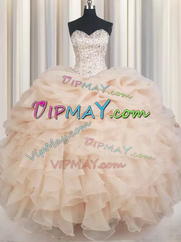 Glittering Champagne Vestidos de Quinceanera Military Ball and Sweet 16 and Quinceanera with Beading and Ruffles and Pick Ups Sweetheart Sleeveless Lace Up