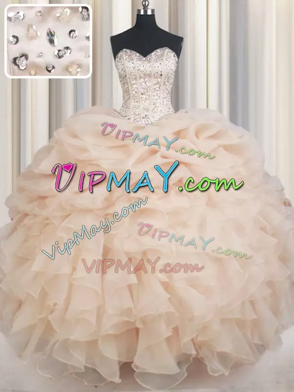 Glittering Champagne Vestidos de Quinceanera Military Ball and Sweet 16 and Quinceanera with Beading and Ruffles and Pick Ups Sweetheart Sleeveless Lace Up