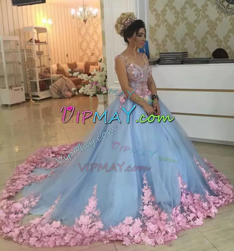Baby Blue and Pink Vestidos de Quinceanera with 3D Flowers Sweep Train Straps