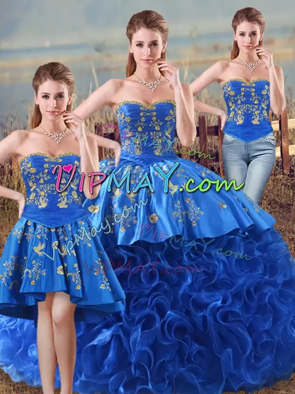 Luxury Floor Length Lace Up Quinceanera Dresses Royal Blue for Sweet 16 and Quinceanera with Embroidery and Ruffles