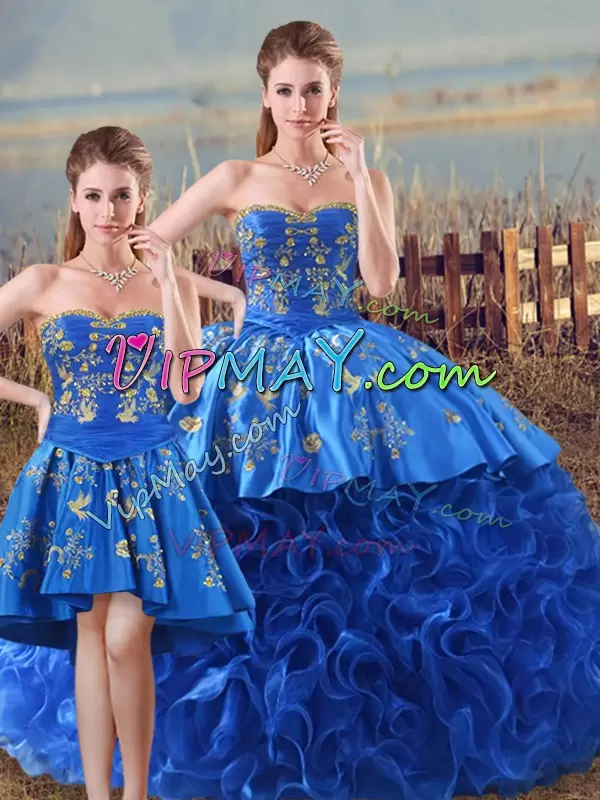 Luxury Floor Length Lace Up Quinceanera Dresses Royal Blue for Sweet 16 and Quinceanera with Embroidery and Ruffles