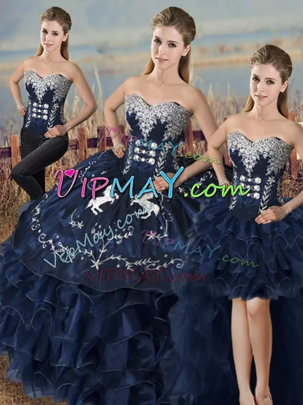 Luxury Embroidery and Ruffles Quince Ball Gowns Navy Blue Lace Up Sleeveless