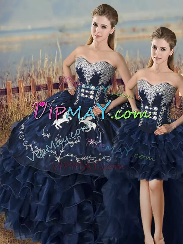 Luxury Embroidery and Ruffles Quince Ball Gowns Navy Blue Lace Up Sleeveless