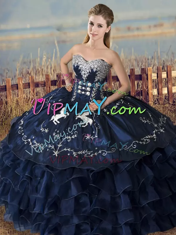 Luxury Embroidery and Ruffles Quince Ball Gowns Navy Blue Lace Up Sleeveless